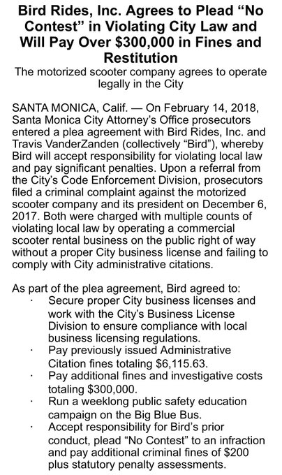A day after announcing a $15m funding round, LA electric scooter rental co @BirdRide has admitted to