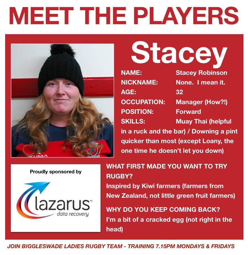 BiggyWRugby's tweet image. #MeetThePlayer this week is Stacey Robinson.
Stacey can tape up injured bits &amp;amp; is better than a bailiff at collecting money for social events. Part of our #ForwardPack 💪🏼👊🏼
Kindly sponsored by @DataLazarus 
lazarusdatarecovery.com
#PlayerSponsor 👏🏼🏉 #TeamBiggy #WomensRugby