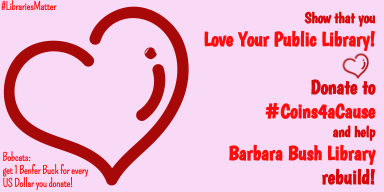 BenferLibrary's tweet photo. @BenferKISD Bobcats are showing that they LOVE THEIR PUBLIC LIBRARY by collecting money for the rebuilding of .@barbarabushlib , which was damaged by #HurricaneHarvey.
Bring your spare change to Benfer to donate until Feb 16!
#Coins4aCause #LibrariesMatter #BobcatsRead #BenFeb18 https://t.co/EFTjg1SdEg