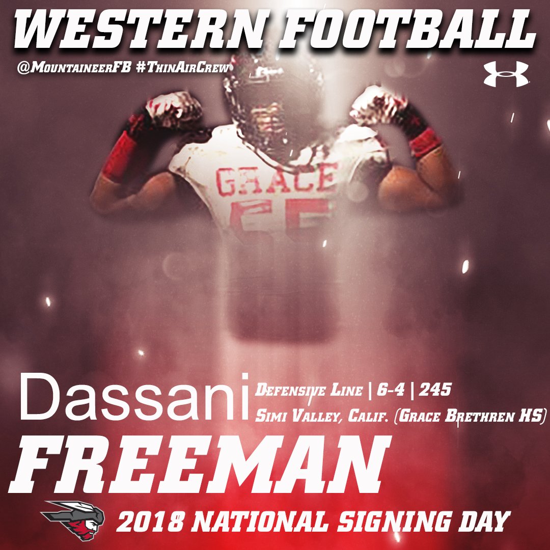 WCUMountaineers's tweet photo. Welcome Dassani Freeman as the newest member of the @MountaineerFB team! #MountUp #SigningDay18 #ThinAirCrew https://t.co/slXgDIqIpE https://t.co/4L0V8xzwAN