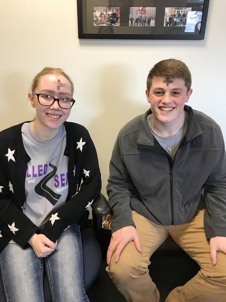 NUMinistry's tweet photo. Our student Aids, Alex and Tyler, are ready for Lent! This year Alex is giving up Soda and Tyler is going to try to pray a decade of the rosary everyday #ashtag #calledandsent https://t.co/FBo3Ie64Qs