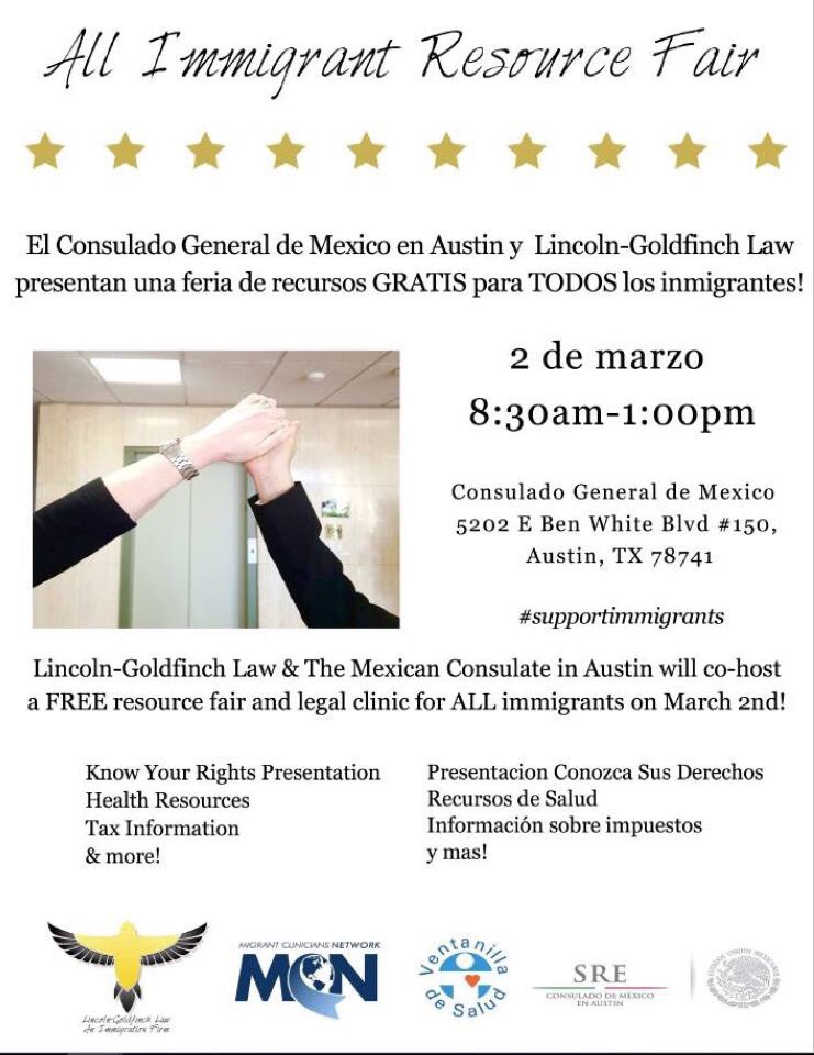 Need legal advice? The Mexican Consulate in Austin is hosting a FREE immigrant resource fair and legal clinic, including health resources and tax info, for ALL immigrants regardless of DACA status or not! 

March 2nd | 8:30-1:00 pm 

#supportimmigrants