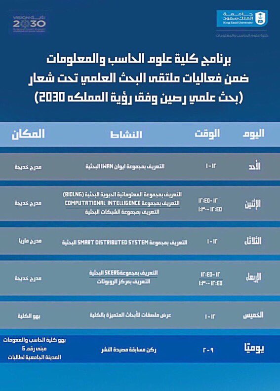 FCCIS_KSU's tweet photo. دعوة لحضور برنامج كلية علوم الحاسب والمعلومات ضمن فعاليات ملتقى البحث العلمي تحت شعار
 (بحث علمي رصين وفق رؤية 2030) إبتداءً من الأحد ١٤٣٩/٦/٢هـ 
#ccis  #ksu 
#ملتقي_البحث_العلمي https://t.co/0ue1fuX7Xq