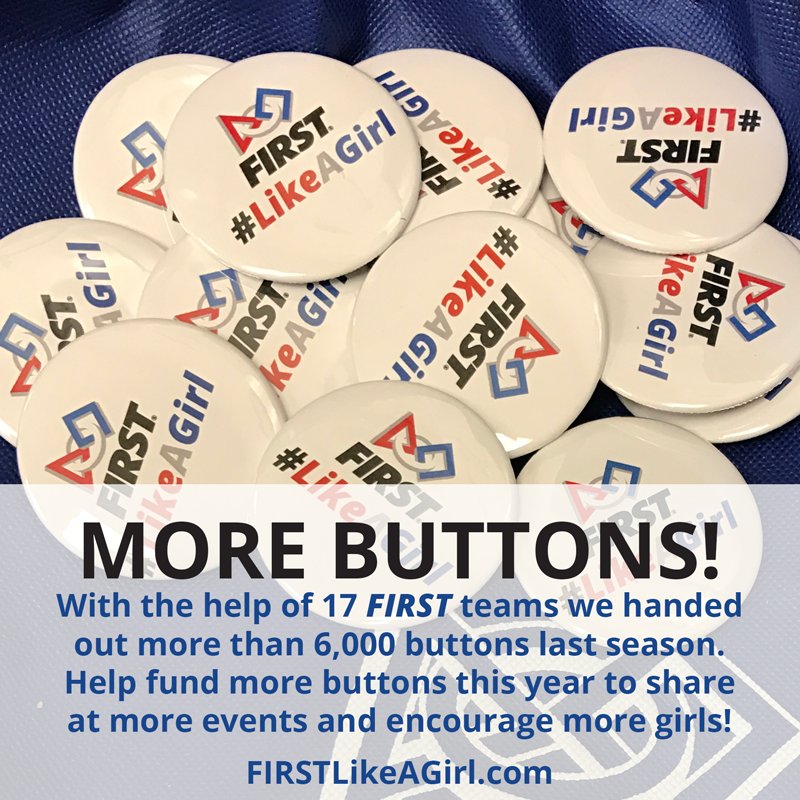 firstlikeagirl's tweet photo. Share the love! ❤️ #firstlikeagirl buttons were worn with pride by 6000+ students, mentors and volunteers at FIRST events last year. Please, help us reach more girls than ever by sponsoring a new supply of buttons for this year's events. Click &amp; donate https://t.co/4PRf38oO6r https://t.co/bU4sHkqKw0