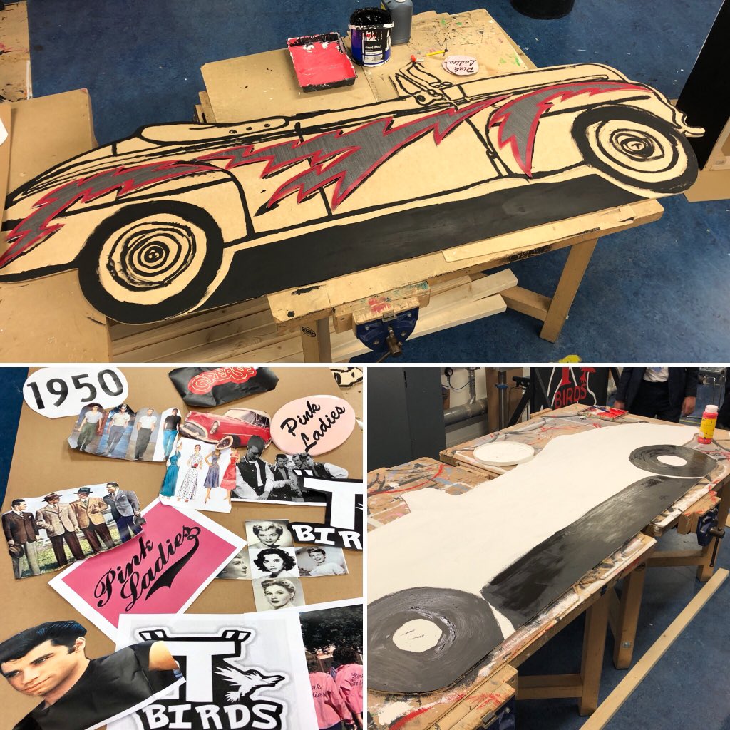Q3_DT's tweet photo. Grease in a week day 3. Our year 8 students have worked hard today, designing more amazing work ready for the Grease set. @q3academy #immersiveeducation #grease #dt #design https://t.co/sRw3zUxDYL