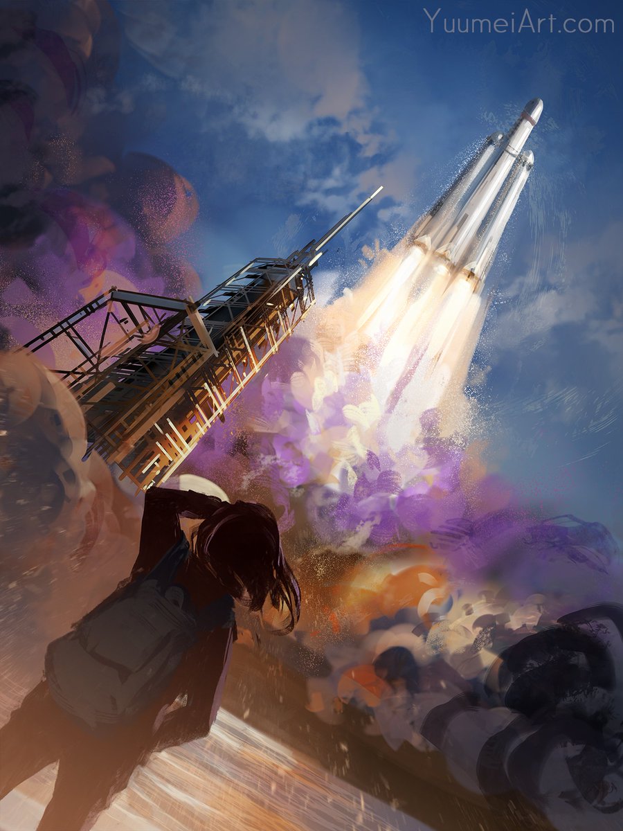 Finally got to draw the #FalconHeavyLaunch  I saw so many cool photos that were so inspiring :D

And yes, I know she would be dead if she actually stood that close, this is metaphorical about inspiring the next generation, not incinerating them lol