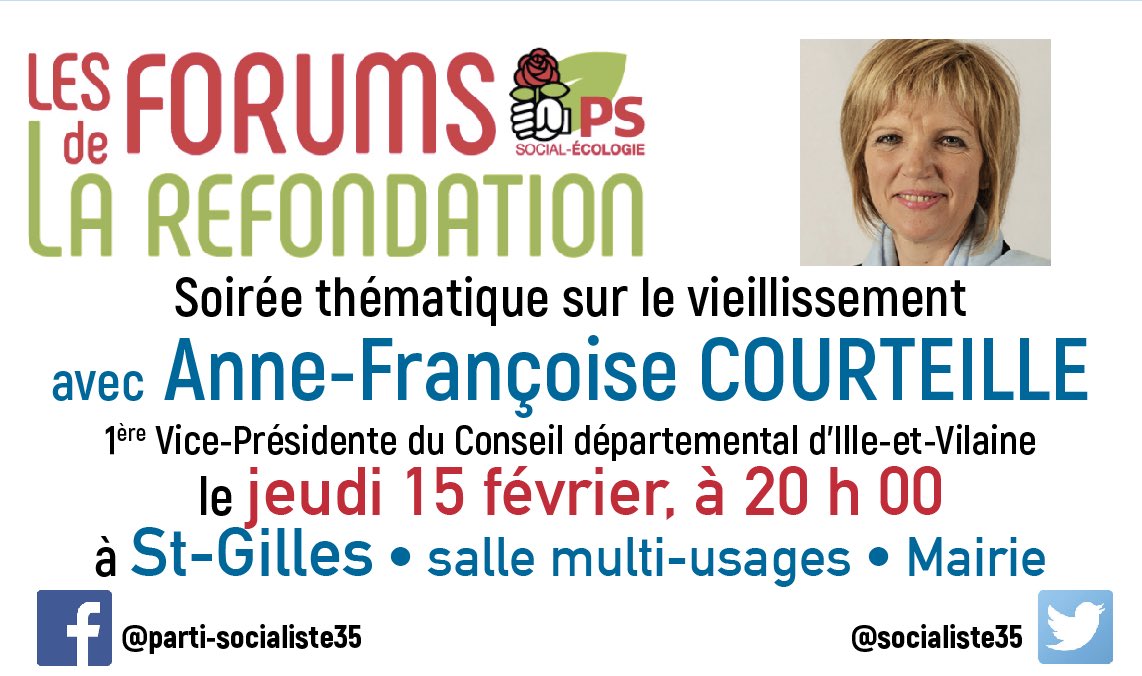 socialiste35's tweet photo. La section PS de #Rennes Métropole Ouest organise une soirée ouverte à tous sur la politique des personnes âgées et le défi de la France face au vieillissement, animée par @AnneCourteille 1ère Vice-Présidente du Conseil départemental en charge des Solidarités #RefondationPS https://t.co/Us7Ufe3OOO