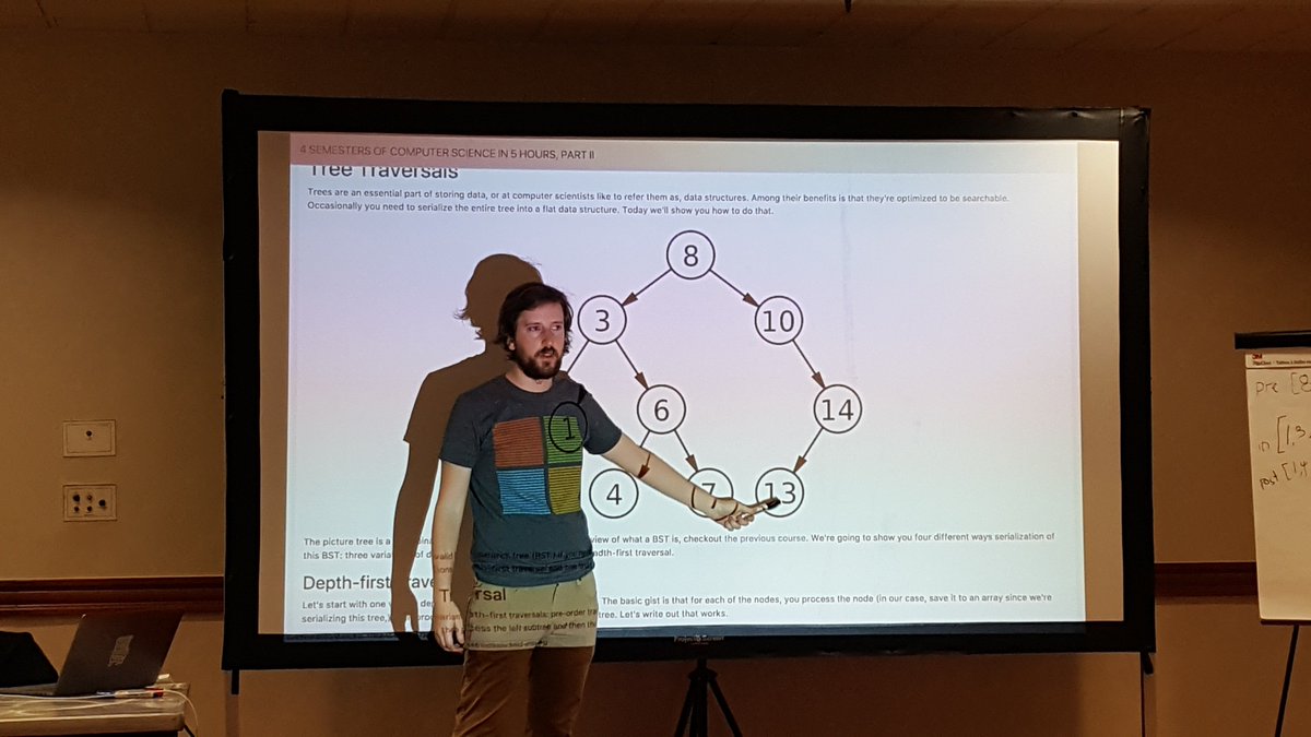Looking at tree traversals in part two of 'Four Semesters of Computer Science in Six Hours' btholt.github.io/four-semesters… with @holtbt at @forwardJS. #forwardjs