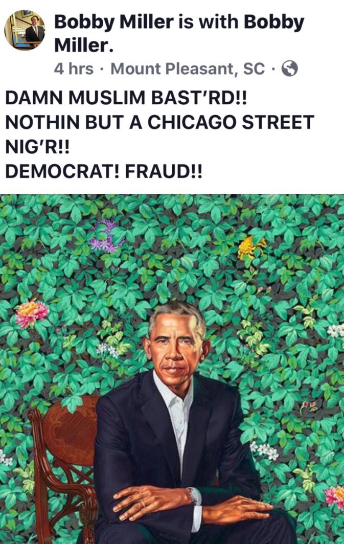 With people like Bobby Miller making decisions impacting our communities, its no wonder we have large racial disparities in Charleston. We've been looking for folks in the woods with robes and hoods, while he sits in plain view spewing hate from the CTC.  He will be fired today.