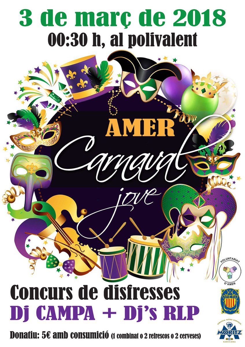 AmerVoluntariat's tweet photo. S'ha fet esperar, però aquí us presentem el cartell oficial del carnaval jove d'Amer! Us hi esperem!! #Carnaval #Carnestoltes #LaSelva #Amer #Girona https://t.co/BdmueQ3Fh5
