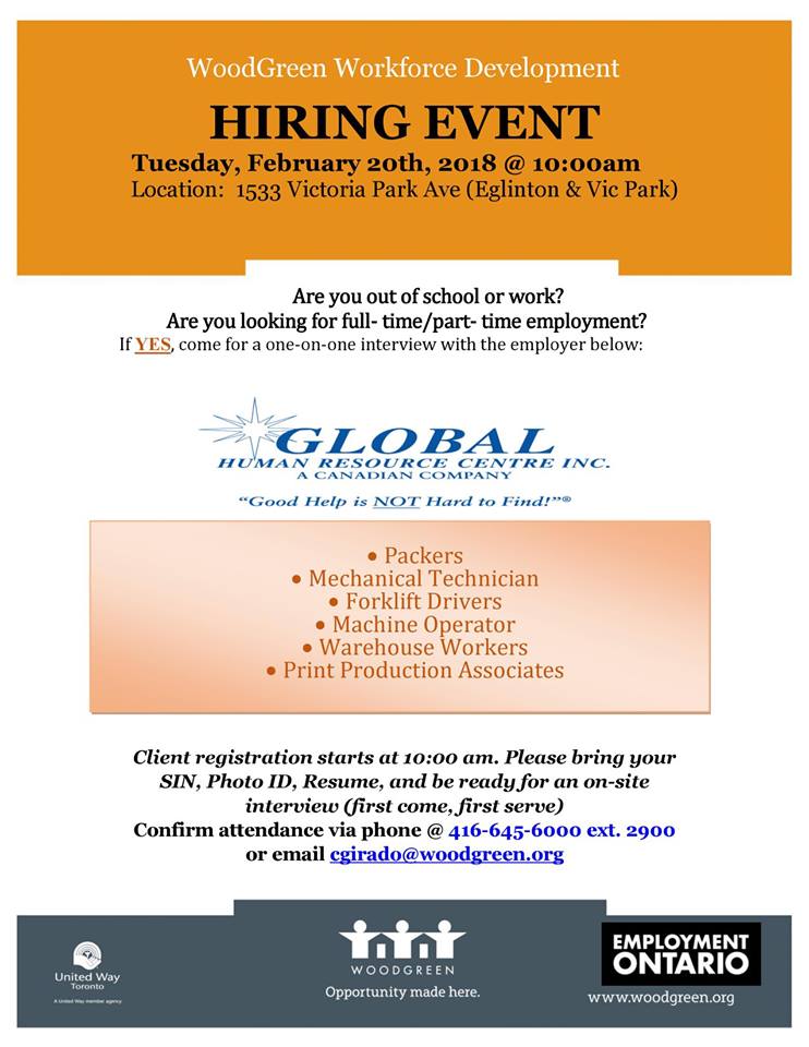 Communityconnectwg On Twitter Out Of School Or Work Come To Woodgreendotorg S Hiringevent On Tues Feb 20th 1533 Vic Park Global Human Resources Centre Inc Is Hiring Packers Mechanical Technician Forklift