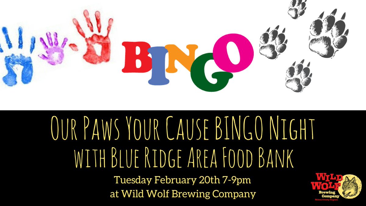BRAFB's tweet image. Join us Tuesday (2/20) evening at @WildWolfBeer in Nellysford for an evening of BINGO and fun! @BRAFB #SolveHunger #Brewery #Bingo
