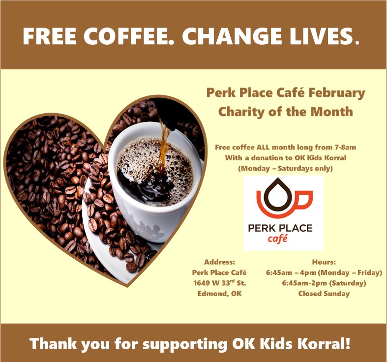 TK_Foundation's tweet photo. We like you a latte! Don't forget to visit Perk Place Café all month long for free coffee between 7am-8am with a donation to OK Kids Korral. Happy Valentine's Day! #generositychangeslives #OKKidsKorral #TobyKeithFoundation #PerkPlaceCafe
https://t.co/l2a8AvuVAr https://t.co/IPq2Y7yq8a
