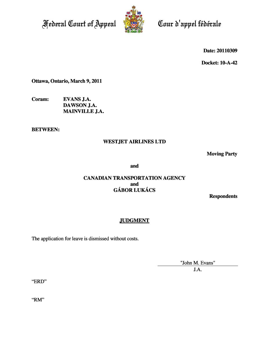 AirPassRightsCA's tweet photo. More background:

The original Order against WestJet dates from November 24, 2010.  #WetJet

WestJet unsuccessfully attempted to appeal the Order. The Federal Court of Appeal refused to hear WestJet's appeal. https://t.co/eRjabdZd31