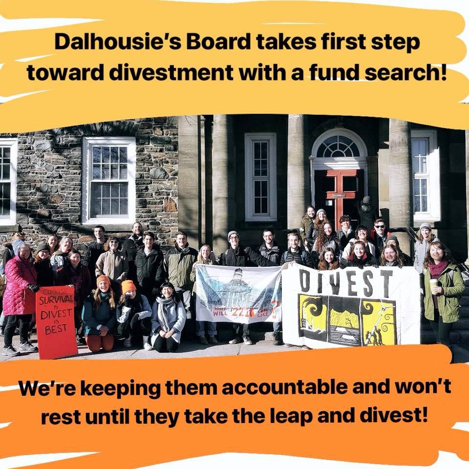 In case you missed it, Dalhousie University moves one major step forward towards divestment yesterday by initiating a fund search. We’re ready to keep the pressure on so they go the distance and divest!

#fossilfree #divestnow #dalhousieu
bit.ly/2Bt9xtS <a href="/DalPres/">Kim Brooks</a> <a href="/lstordy/">lawrence stordy</a>