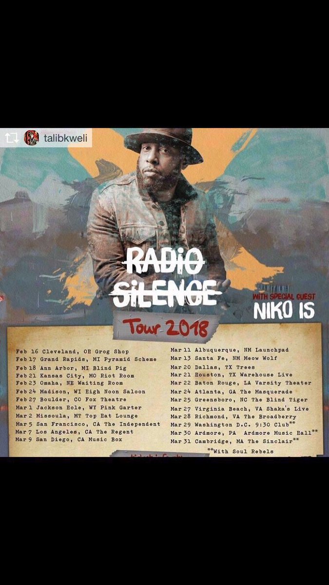whoiscentric's tweet photo. The legend @TalibKweli is coming to #HTown on the 3/21! Can't wait to check this out and see him kill it #live. #ExtraDope #RadioSilence #RealHipHop https://t.co/ghb9ERkUPm