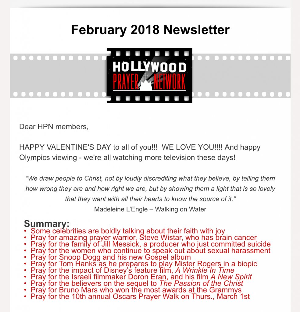 HollywoodPrayer's tweet photo. Our February prayer newsletter is going out today! Be sure to check your inbox - or, read it online here: https://t.co/rwLcQZ8fgp https://t.co/sJOCjeSNrp