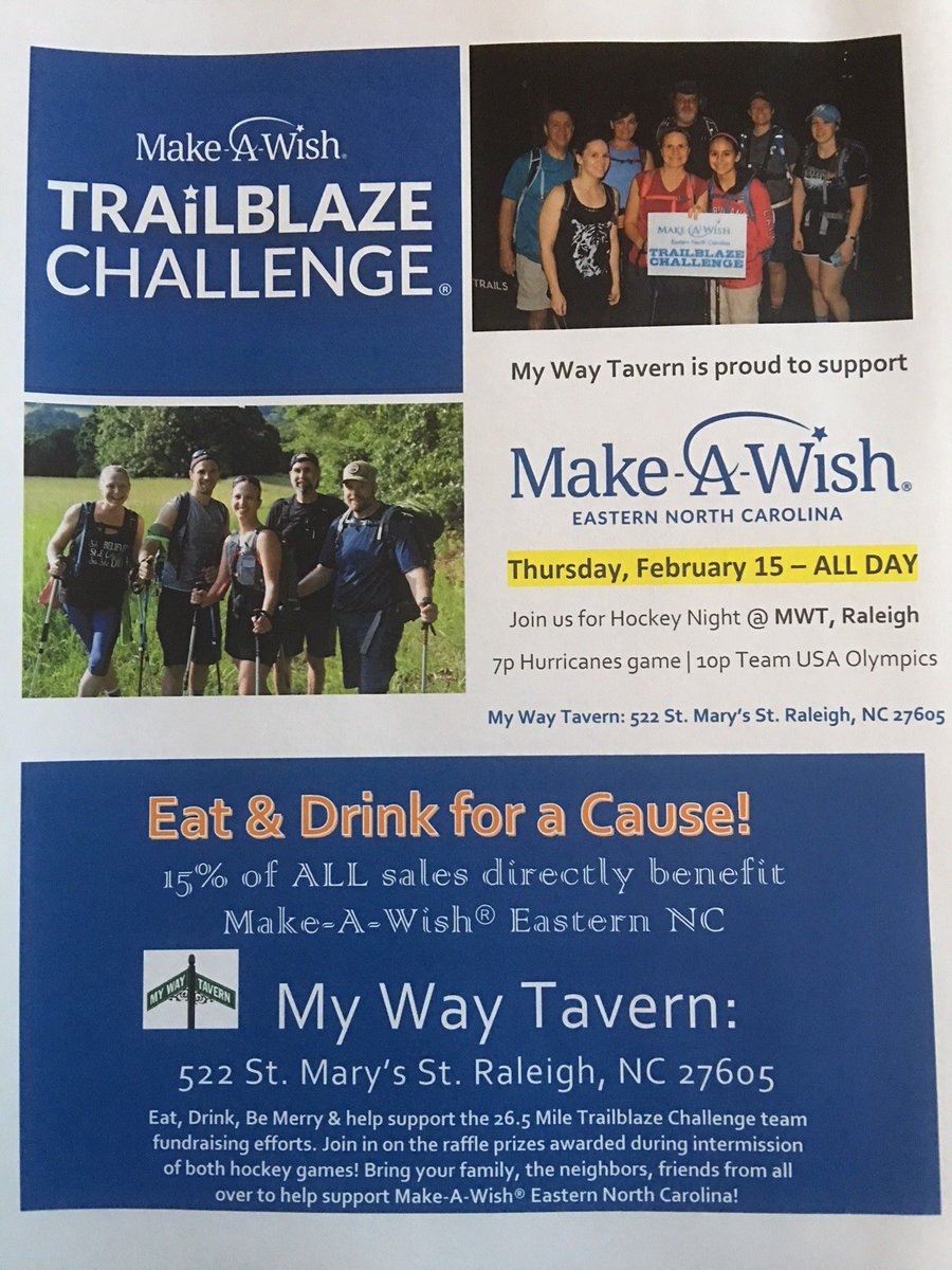 MakeAWishEastNC's tweet photo. Tomorrow is the day! Celebrate at @MyWayRaleigh Thurs., 2/15 when 15% of ALL SALES, ALL DAY will help grant wishes to local children. Delicious food, cold drinks, cool raffle prizes all supporting @MakeAWishEastNC #TeamSilverBullets @ketchabaw @SoDuJonesy @Nowicki_B @PapaSous https://t.co/UjVBfffb4E