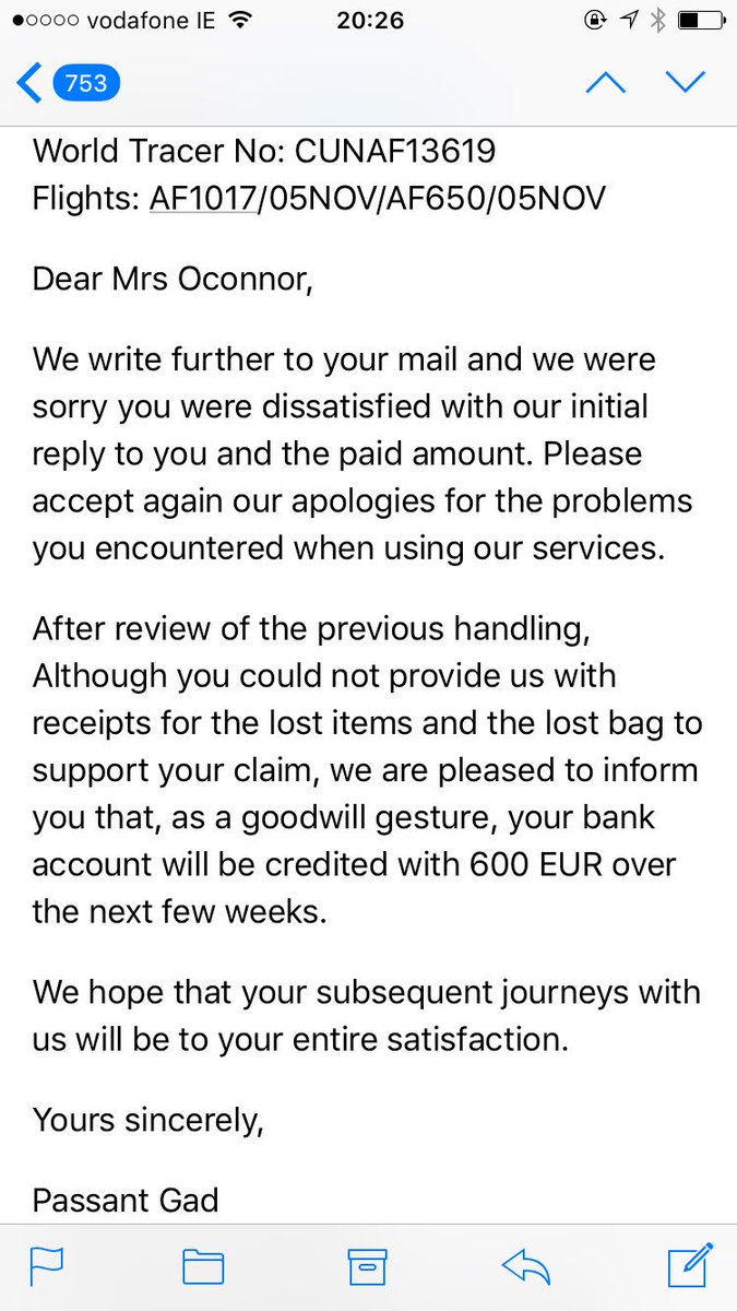 air france lost luggage compensation