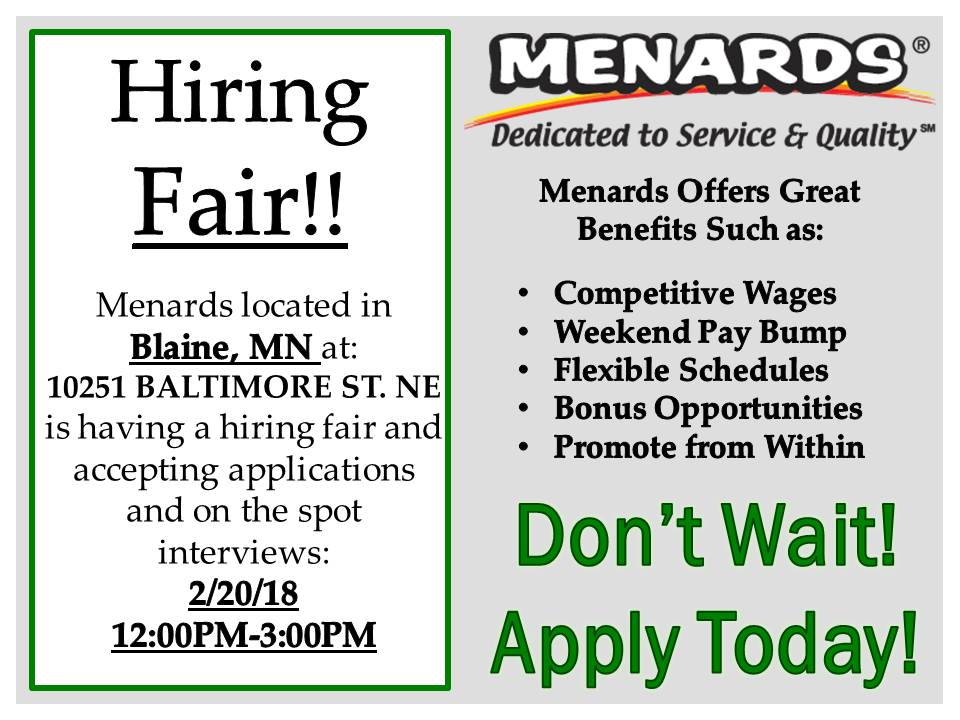MenardsCareers's tweet photo. Now is a great time to start your Career! Menards in Blaine, MN is hosting a Hiring Fair! Stop on in during the event to participate in on-the-spot interviews. Apply in person or online today at https://t.co/o1MSD50UHO! https://t.co/JcFOu4H1NX