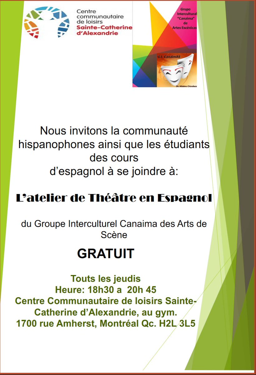 AinesCclsca's tweet photo. L'atelier de Théâtre en Espagnol 
Quand? - Tout les jeudis.
Heure? -De 18h 30 à 20h 45.
Pour qui? - Pour tous les hispanophones et les étudiants des différents cours d'espagnol.
Où? - CCLSCA, au gym.
Combien? C'est gratuit.
Pour plus d'information, contactez nous- 514-524-6626. https://t.co/6UdfAH7w2C