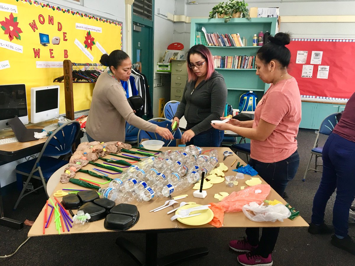 MsLynnSTEAMer's tweet photo. Transforming plastic waste into marine animal collages, Carson STEAM Magnet parents & guardians continue to provoke thinking around the issues of plastic pollution in aquatic habitats. The creating continues next week w/ @CoTAProgram #WaterIssues #PatentWorkshop #loveSDschools https://t.co/nAPXE7fBHo