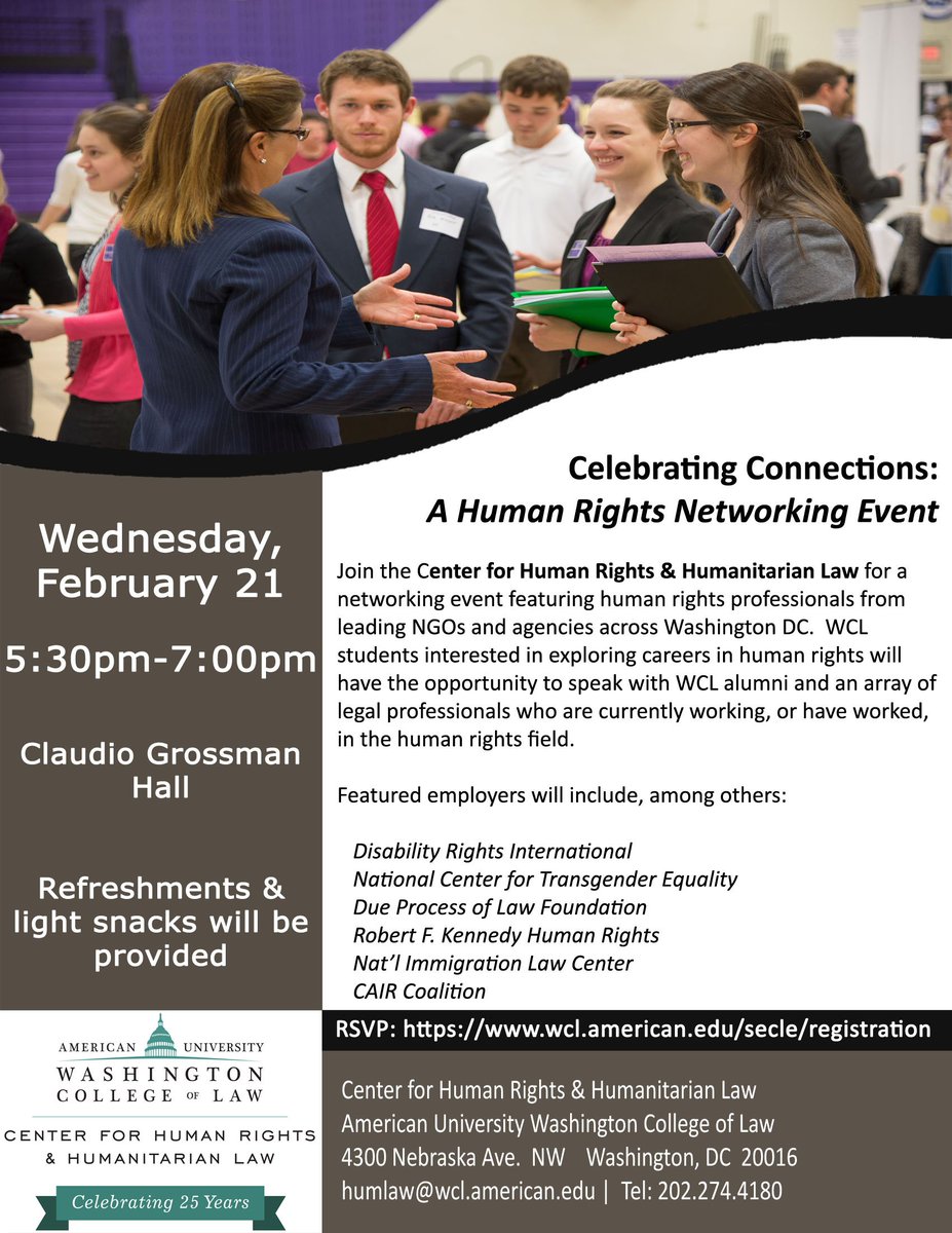 Registration is now open for the Center's annual #humanrights networking event! RSVP today: wcl.american.edu/secle/registra… #championwhatmatters