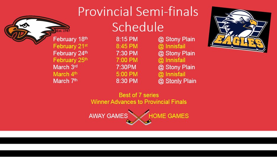 innisfaileagles's tweet photo. REVISED SCHEDULE.  
Schedule finalized for the Battle of the Bird Provinical semi-finals in Senior AAA Hockey!
Your @innisfaileagles will battle @stonyplaineagl1 for the right to advance to the final series! @the_achw @AllanCupWest #HAProvincials https://t.co/8b0gwH4bMq