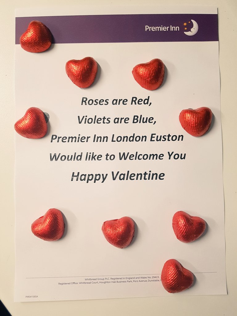 ❤Roses are red❤
❤Violets are blue❤
❤Premier Inn Euston❤
❤Would like to welcome you!❤
@sherwyno @R4chelMcKeeman <a href="/SDEBDD/">simon ewins</a> <a href="/taitharris/">alice tait-harris</a> <a href="/celia_bau/">Celia Bau</a>