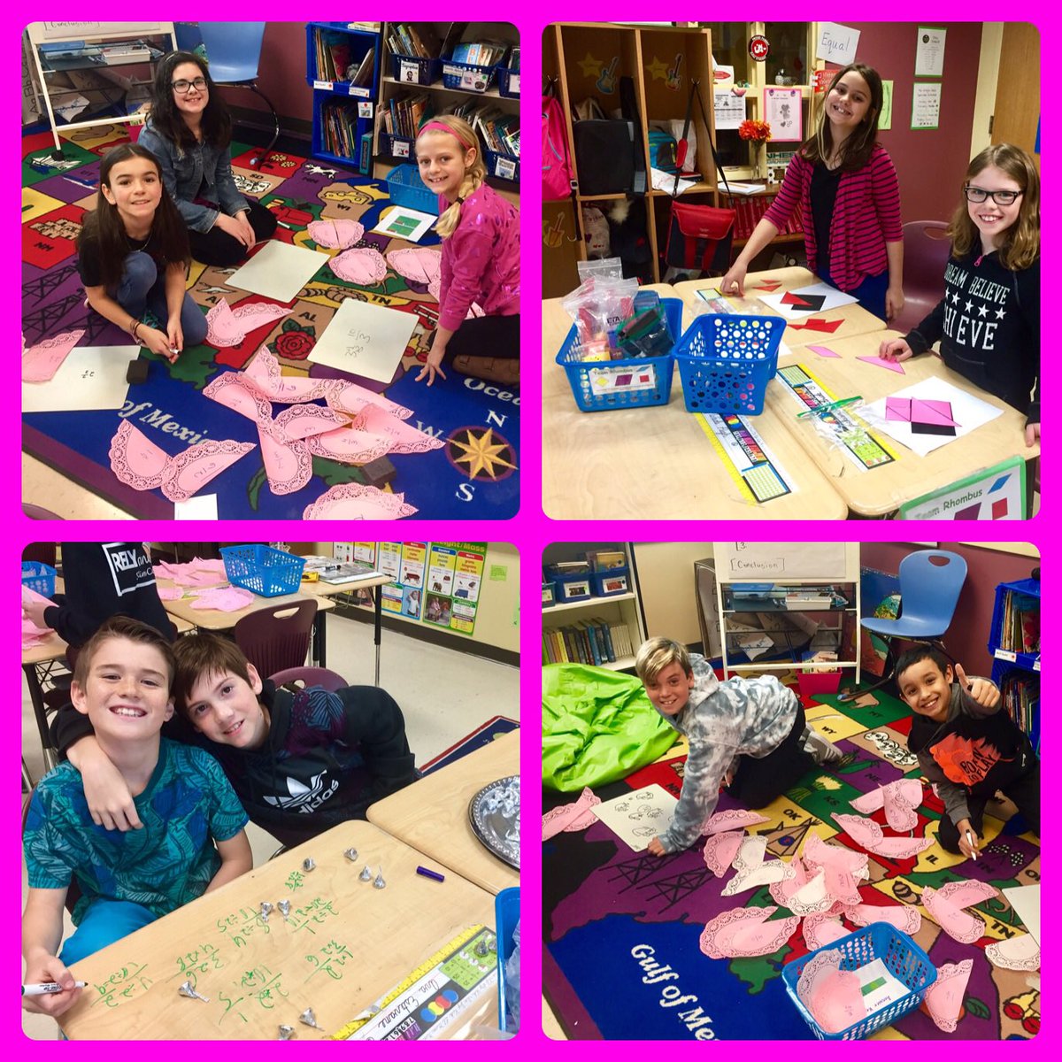 JennaGrayNHES's tweet photo. We had a lot of fun today in math with our Valentine's Day stations: Hershey kiss equivalent fractions, matching mixed numbers and improper fractions to "mend my broken heart", and creating tangram hearts. #nagsheadelementary https://t.co/h2hBkoHyql