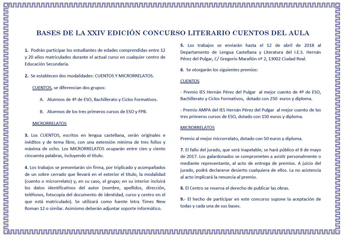 XXIV EDICIÓN CONCURSO LITERARIO CUENTOS DEL AULA

Departamento de Lengua Castellana y Literatura del I.E.S. Hernán Pérez del Pulgar de Ciudad Real