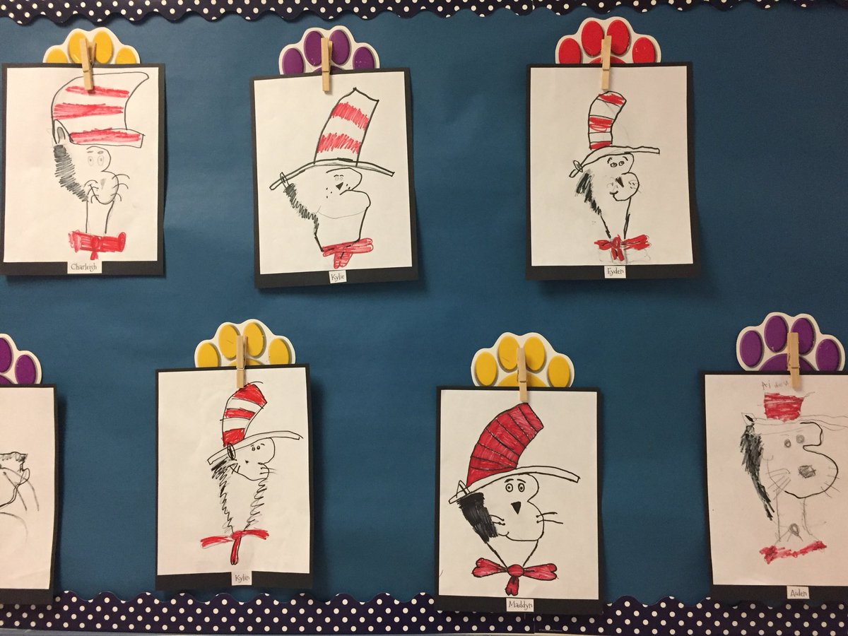 lbrunn930's tweet photo. We began our author study about Dr. Seuss today! Check out our Cat in the Hat illustrations! #drawinglikethedr #neisdiTech #9WeekTechChallenge https://t.co/2qdwVjF23c