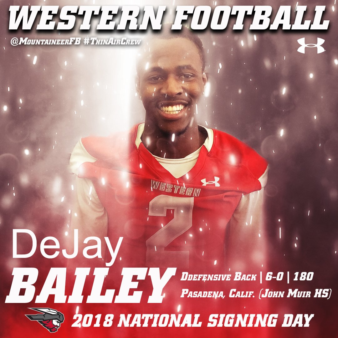 WCUMountaineers's tweet photo. Welcome DeJay Bailey as the newest member of the @MountaineerFB team! #MountUp #SigningDay18 #ThinAirCrew https://t.co/slXgDIqIpE https://t.co/vLidYqB74P