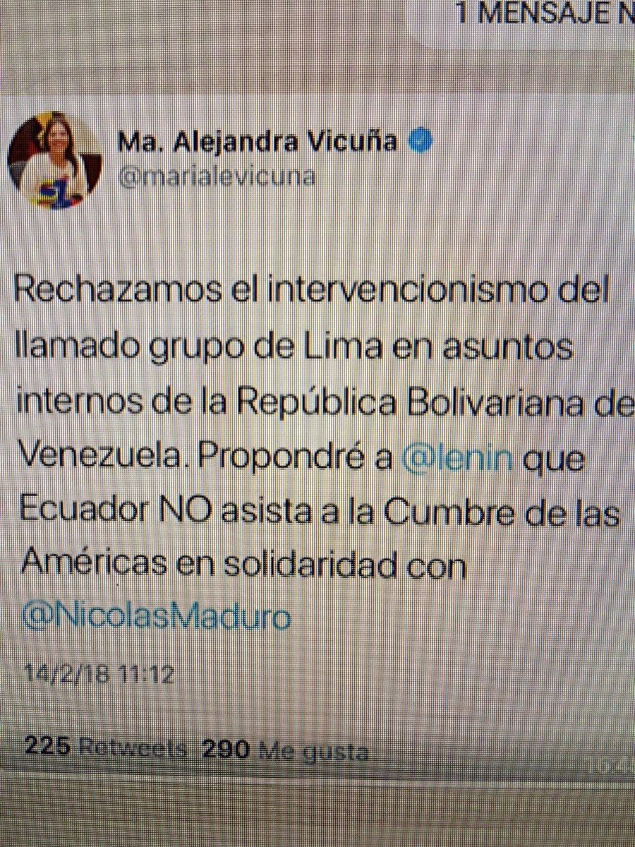 alperezs's tweet photo. Señora @marialevicuna, ¿puso usted este tuit con un despreciable apoyo al asesino narcotraficante gobierno presidido por Maduro, y después lo borró?. Usted no tiene NI IDEA DE LO QUE EL PAÍS QUIERE, Y.ESPERA DEL GOBIERNO DE @Lenin. Pregunte antes de escribir estupideces. https://t.co/E8OP6djSSF