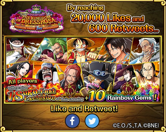 Treasure Cruise's 3rd Anniversary "Adventure! The Kingdom of Dressrosa"!
Retweet right away!
bnent.jp/optw-ww/ #TreCru