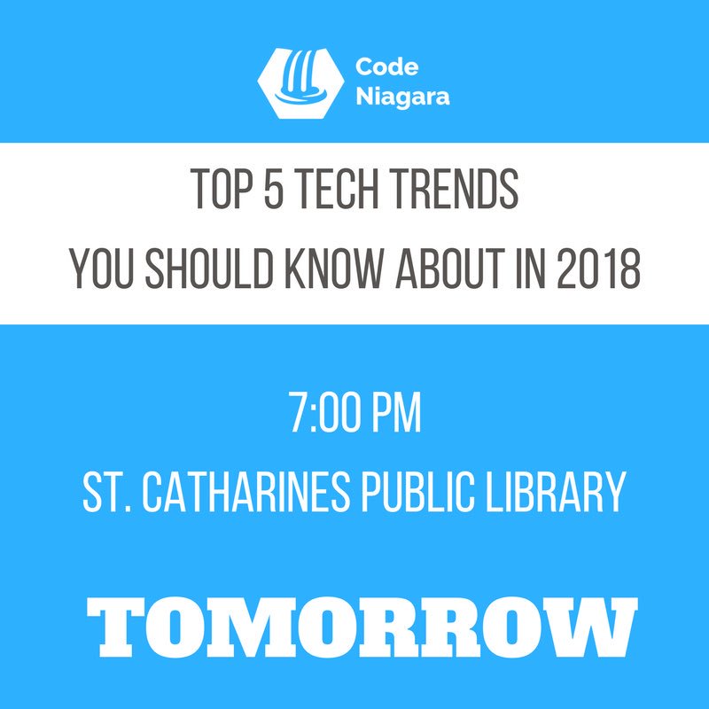 codeniagara's tweet photo. Reminder that tomorrow’s talk has been changed to 7:00 PM - we’re looking forward to seeing you all there! https://t.co/2btGpwQjsW