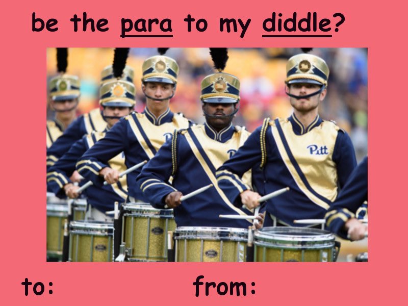 pittdrumline's tweet photo. Happy Valentine’s Day from Pitt Drumline! https://t.co/6VjTCqwNvt
