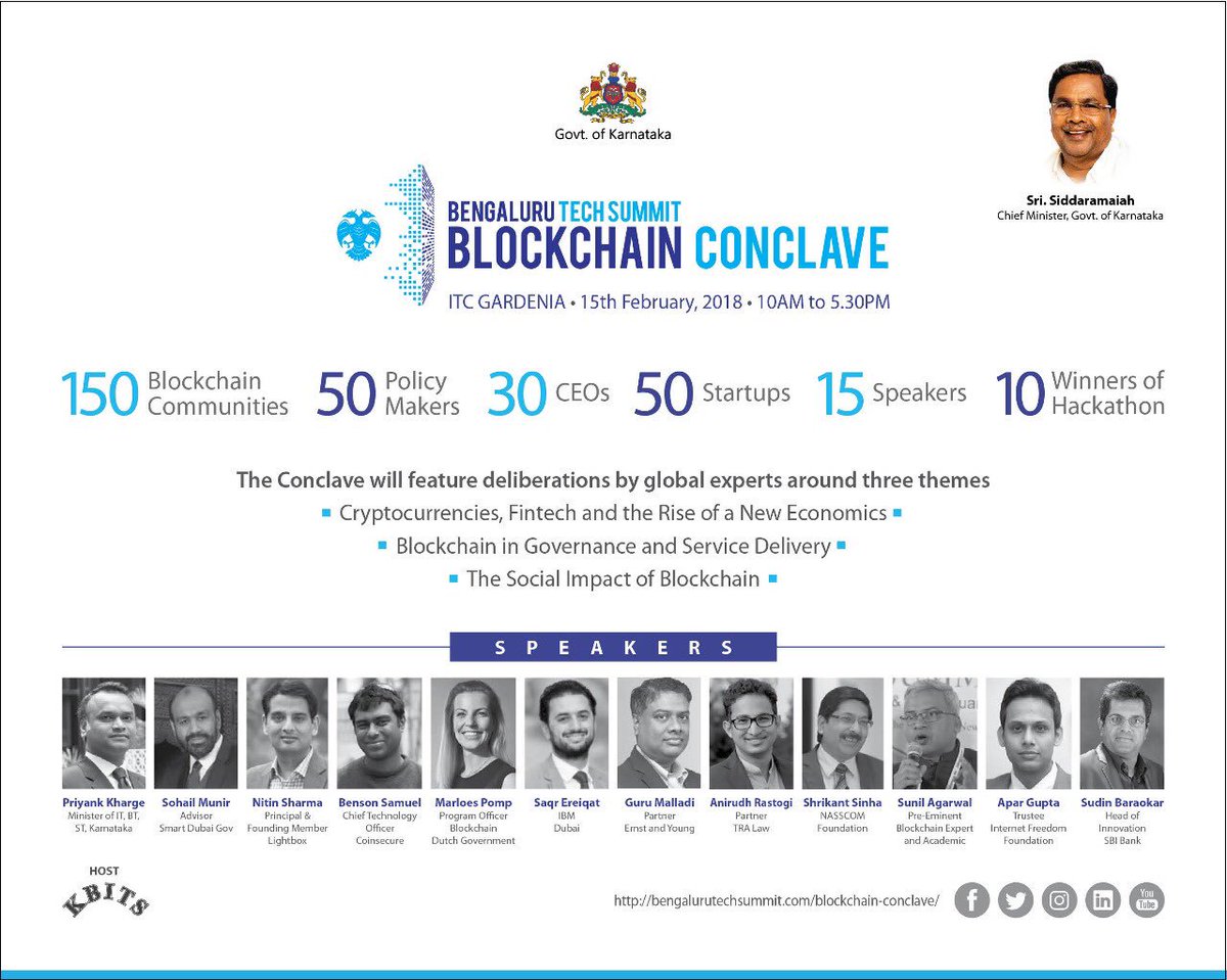 Looking forward to the <a href="/blrtechsummit/">BengaluruTechSummit</a> #BlockchainConclave today. Some of the best minds across the globe &amp; India will deliberate on #blockchain in governance &amp; see how best we can use it. Great initiative by <a href="/ITBTGoK/">ITBT Karnataka</a>