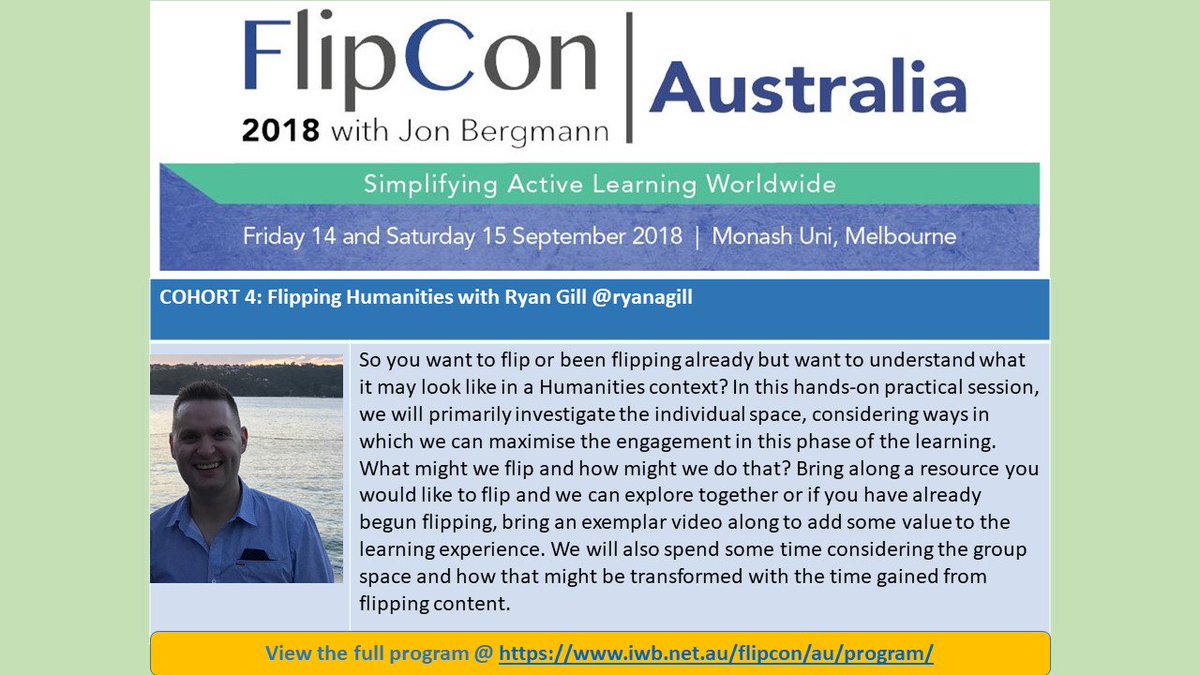 IWBNet's tweet photo. Flipping Humanities with @ryanagill - "Bring along a resource you would like to flip and we can explore together" NESA endorsed event #FlipConAUS #FlippedLearning #aussieED #ActiveLearning #Melbourne #ausflipchat #flipped https://t.co/L5gCyK2Szg