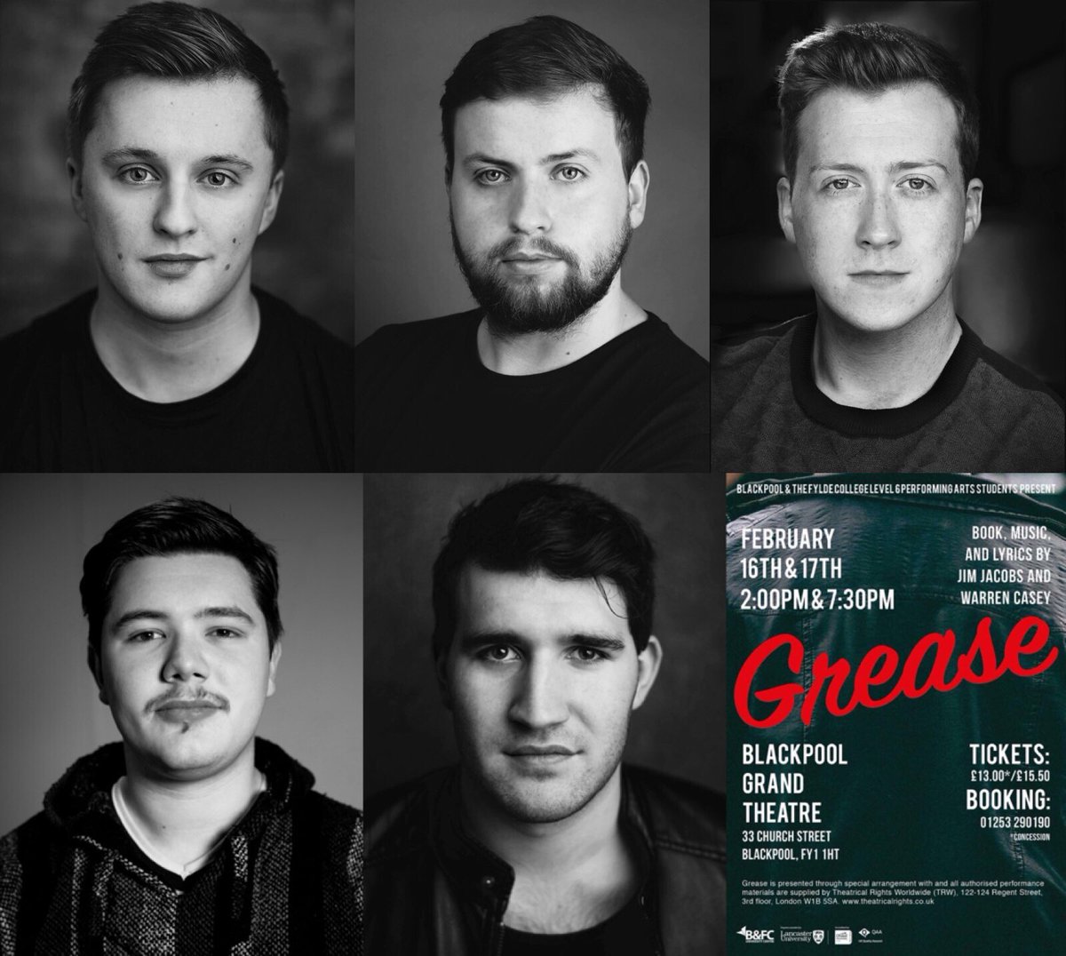 BFCClassOf2018's tweet photo. Here are our T Birds! For all 4 shows we have...
Doody - Marcus Geldard
Roger - Kieran Lee
Sonny - Jorge Cox
And sharing the role of Kenickie we have... Max Doherty on Friday afternoon and Saturday evening
And... Daniel Hodges on Friday evening and Saturday afternoon https://t.co/OTHVq0nLuW
