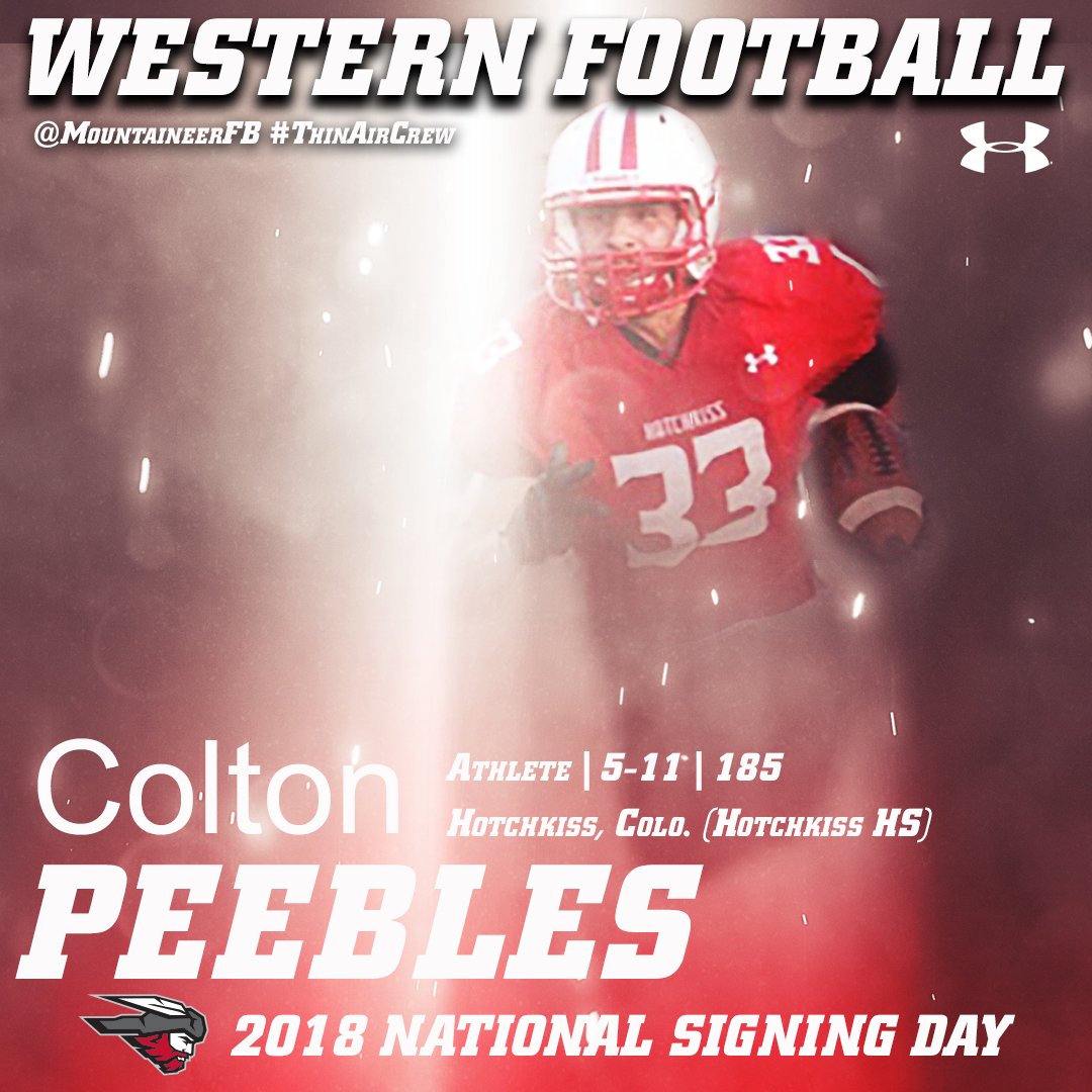 WCUMountaineers's tweet photo. Welcome Colton Peebles as the newest member of the @MountaineerFB team! #MountUp #SigningDay18 #ThinAirCrew https://t.co/slXgDIqIpE https://t.co/KMjYbsEjJR