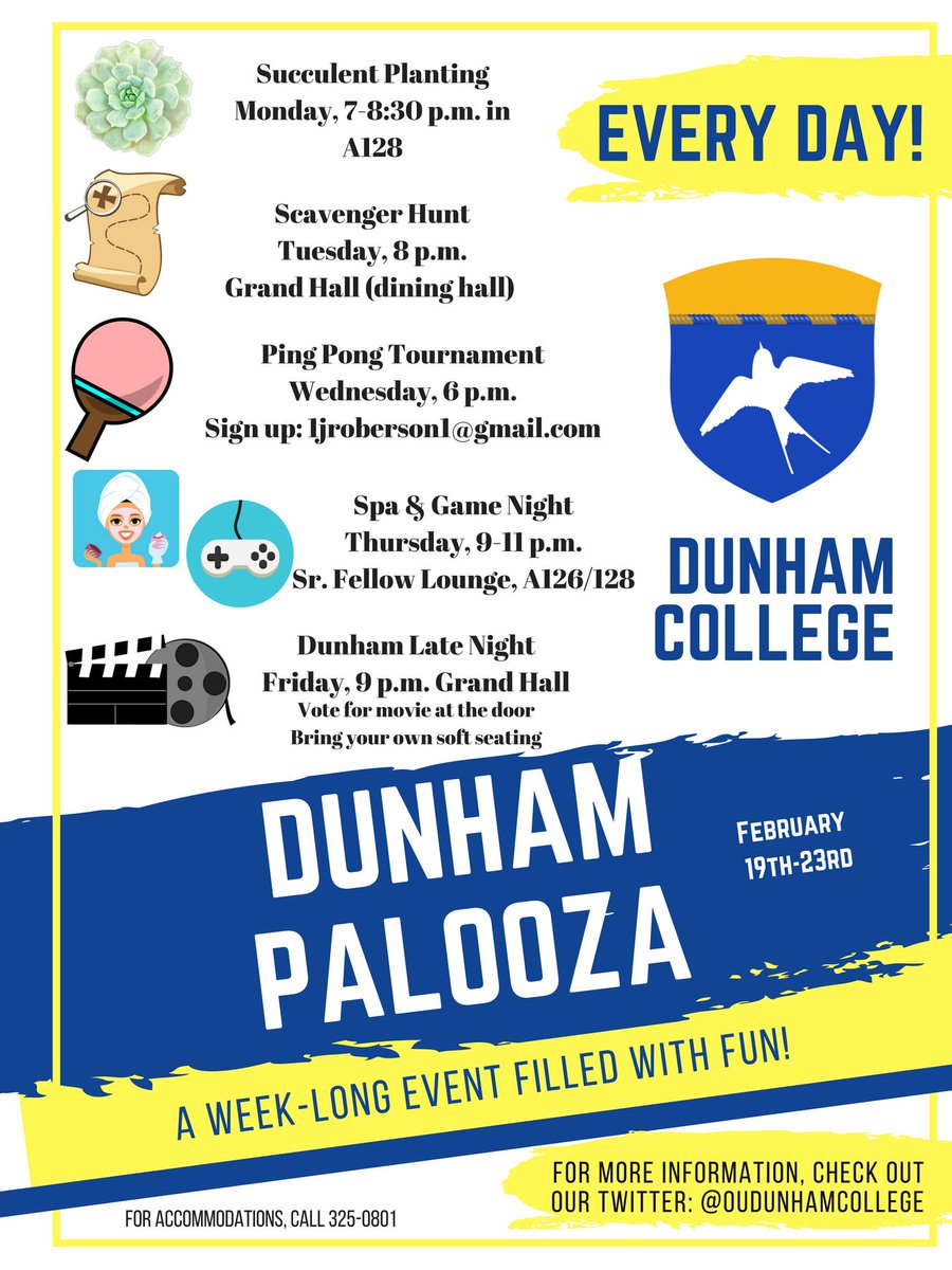 OUDunhamCollege's tweet photo. Next week is Dunhampalooza! Get ready for a week-long festival of fun where everyday has something new going on. #liverescolleges #liveou https://t.co/abd4Sh2Yq7