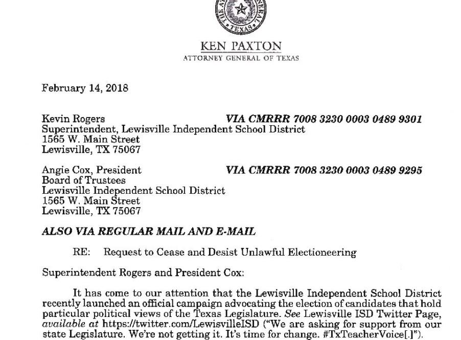 LewisvilleTexan's tweet image. Texas A.G. @KenPaxtonTX sends @LewisvilleISD a cease-and-desist over its get-out-the-vote efforts in Texas primaries.  District says won't back down. lewisvilletexan.com/news/featured/…