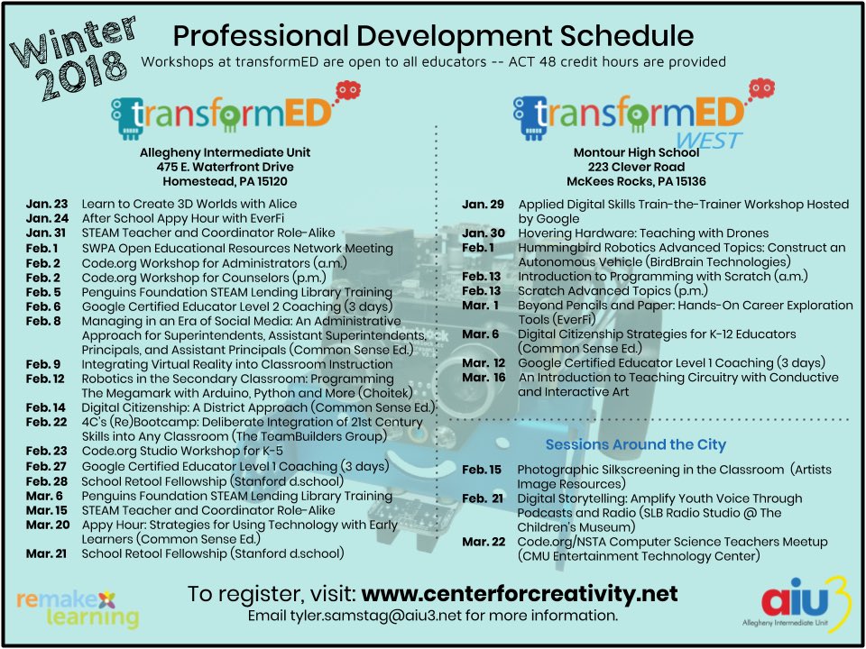 JustinAglio's tweet photo. Workshops at #TransformED @AlleghenyIU3& #TransformEDWest @MontourSD are open & free to all educators -- ACT 48 credits hours are provided. @PADeptofEd @PAIU https://t.co/9G1xjLrmvz