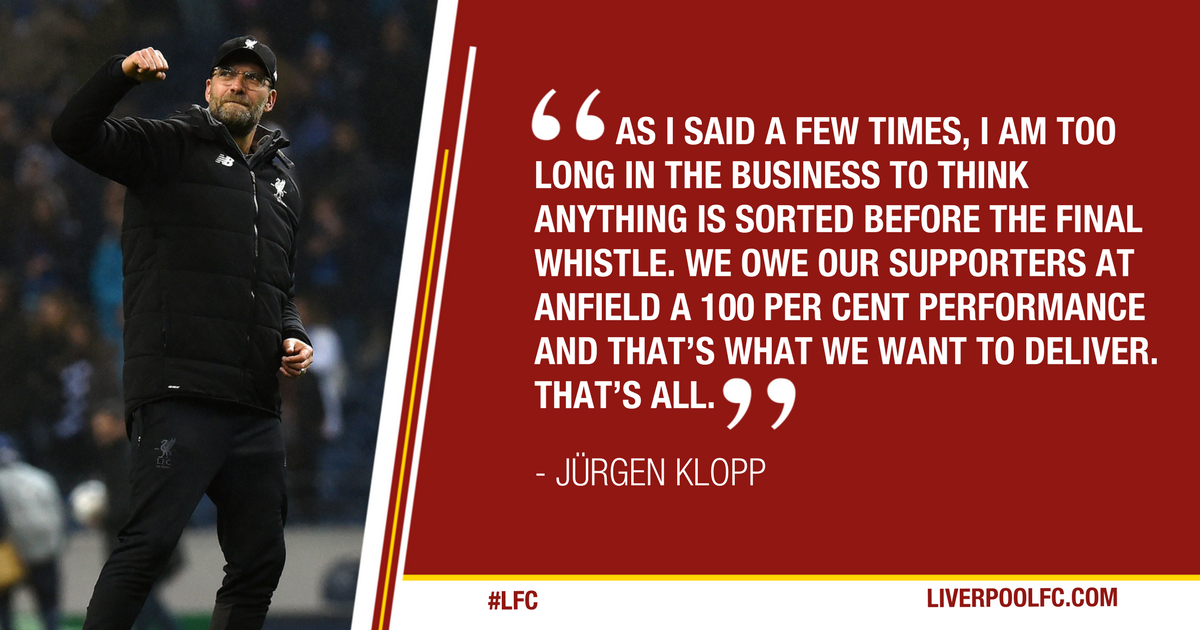LFC's tweet photo. Only half the job is done. 

Another big @ChampionsLeague night awaits next month at Anfield. https://t.co/Og095TN6AB