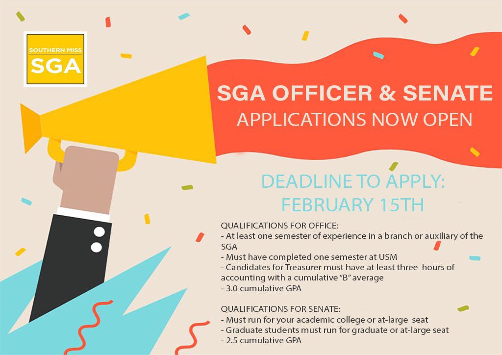 SGA Senate and Executive Officer applications close tomorrow at 4 pm! This is your chance to represent the Southern Miss student body!

southernmisssga.org/applications