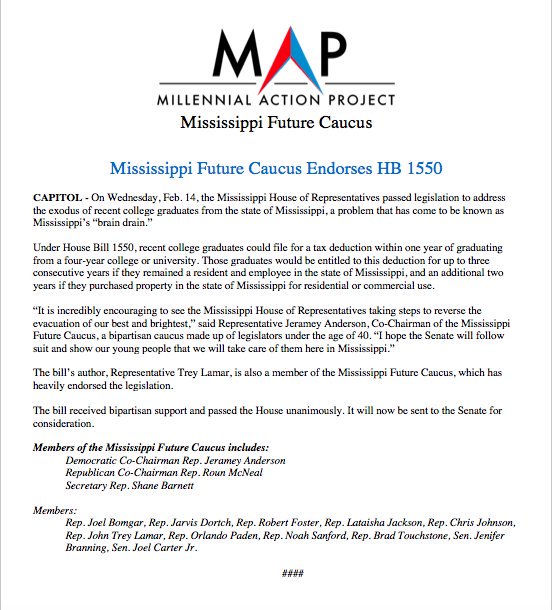 So excited to endorse HB1550, it's a great first step towards retaining and attracting young talent. I look forward to seeing this legislation become law. Special thanks to <a href="/timmask/">Tim Mask™</a> for bringing this to the attention of the Caucus. #Bipartisanship #MSFutureCaucus