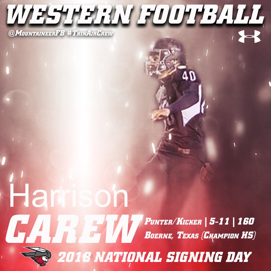 WCUMountaineers's tweet photo. Welcome Harrison Carew as the newest member of the @MountaineerFB team! #MountUp #SigningDay18 #ThinAirCrew https://t.co/slXgDIqIpE https://t.co/aeUFllptp8