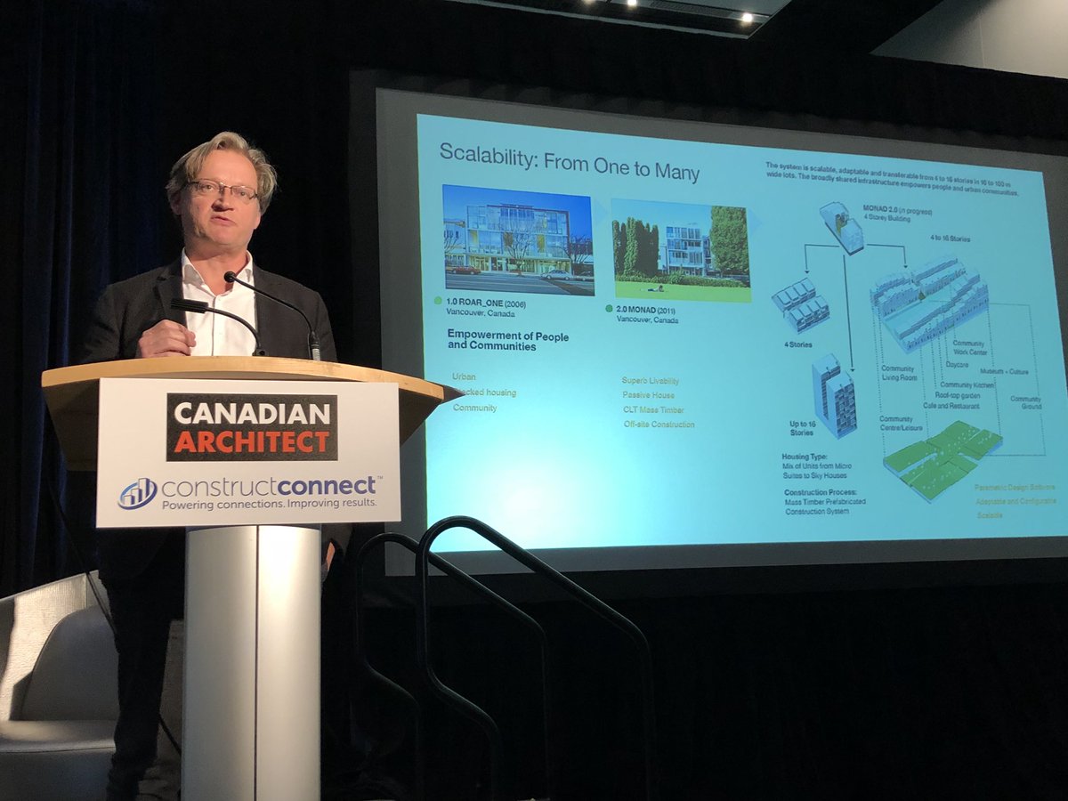 CdnArch's tweet photo. Oliver Lang @ol_lwpac Principal and Creative Director, LWPAC, President, Intelligent City speaking at #BuildexVancouver #viewsfromtheedge keynote session – ‘Disruption’ – on Platforms-For-Life: A Re-Generative Housing Systems Platform Technology https://t.co/sDyH4oahiT