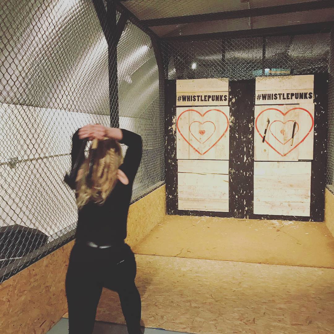 Martholio's tweet photo. The best way to celebrate #ValentinesDay. @Dolfe_Steele and I ended up winning all the challenges! Though not in any way due to my skill π #axethrowing #doubleaxethrow https://t.co/G8NYQBrnZL
